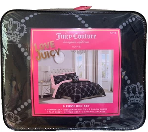 Juicy Couture Black/Crowns 8pc KING Set Comforter, Shams,Pillow,Pink Logo Sheets - Picture 1 of 7