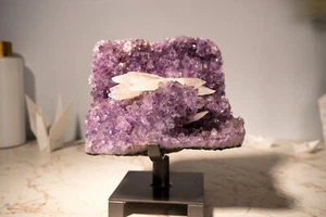 Rare UV-Reactive Calcite on Lavender Purple Amethyst Cluster, Pink Reactive - Picture 1 of 11
