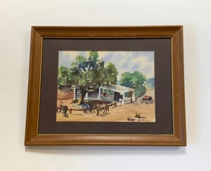 Original Gemälde Aquarell Western Landschaft Ranch Gehöft Cowboy und Pferd - Bild 1 von 6