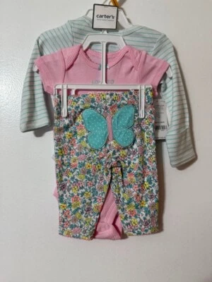 Conjunto de 3 piezas básico de bebé pequeño Carters para niñas NB body pantalones mariposa Foto 1 de 2