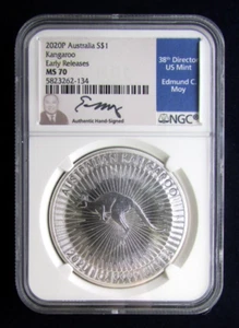 2020-P 1oz Silver Australia Kangaroo Early Release NGC MS70 - Moy Signed - Picture 1 of 2