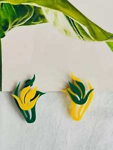 Asymmetric Wavy Yellow Green Tulip Flower Leaf Rustic Elegant Clip Earrings, Her - Picture 1 of 10