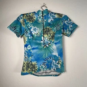 SheBeest Women Half-Zip Jersey Shirt Top Small Tropical Floral Blue Short Sleeve - Picture 1 of 9