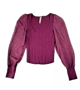 Anthropologie Puff-Sleeve Burgundy Shimmer Sweater Tight-Knit Top Women's Sz M - Picture 1 of 13