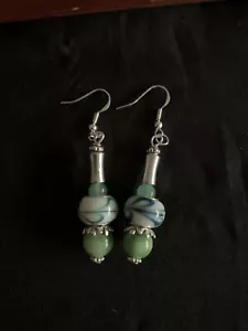 Green and White Swirl Murano And Jade Bead Earrings One Of A Kind - Picture 1 of 3
