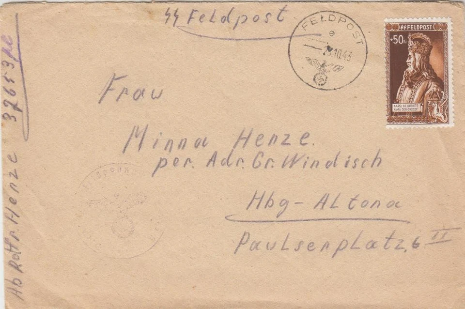 Feldpostbrief 1943 SS Reichsführer Albanien mit Spendenmarke - Hamburg e38 - Bild 1 von 1