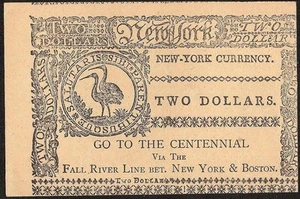 1876 $2 FALL RIVER LINE ADVERTISING NOTE ON 1775 NEW YORK COLONIAL PRINT AU - Picture 1 of 2