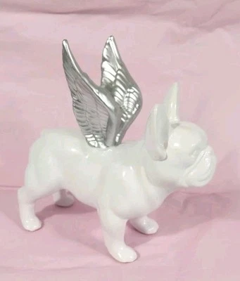 Rara estatua de ángel de cerámica de bulldog francés blanco con alas de plata perro Foto 1 de 4