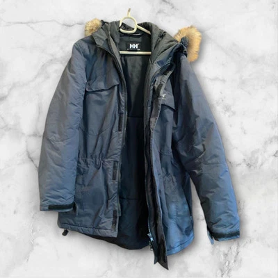 Abrigo Exterior Helly Hansen Gris Oscuro Nylon Talla S, Capucha de Piel Extraíble, Nuevo Foto 1 de 4