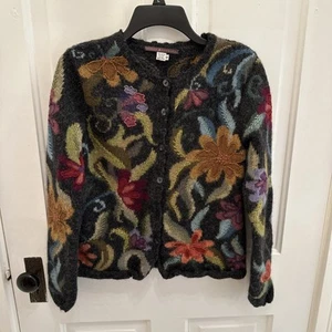 VTG Peruvian Connection Alpaca & Pima Cotton Knit Cardigan Sweater Artsy Flora - Picture 1 of 7