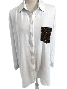 Misia weißes Langarmhemd mit Kragen und brauner Paillettentasche XL - Bild 1 von 11