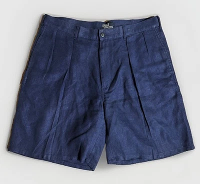 Pantalones Cortos Vintage Años 90 Polo Ralph Lauren 100% Lino Plisados Azul Marino Para Hombre 36 EE. UU. Foto 1 de 4