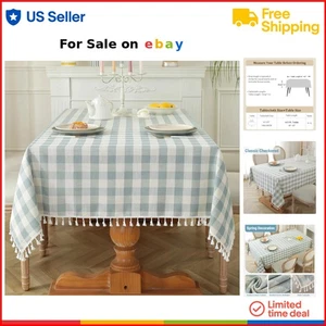 Checkered Cotton Linen Tablecloth 70x55 Blue Farmhouse Dining Room Decor - Picture 1 of 9