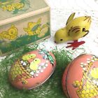 Vintage Easter Chick Tin Wind Up Toy Litho Eggs Candy Container Paper Box Lot