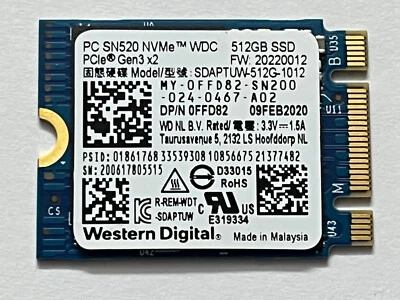 Western Digital PC SN520 SDAPTUW-512G-1012 512GB SSD M.2 2230 NVMe PCle Gen3x2 - Image 1 of 4