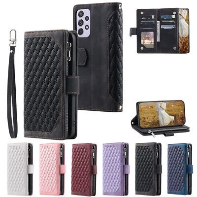 Grid Leather Card Wallet Phone Case For Samsung A70 A73 A54 A14 A24 A34 A04E A13 - Image 1 of 4
