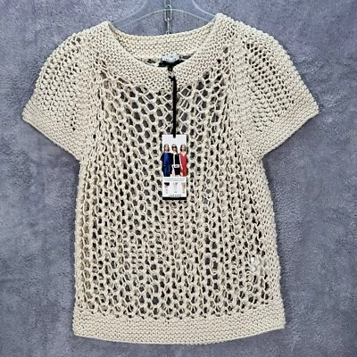 Jaeger крючком открытый вязаный верхний футболка размер M женщины тяжелый хлопок кремовый RRP £180 - Изображение 1 из 4