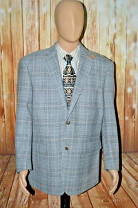Paul Fredrick Men Grey Plaid Elbow Patch 2 Front Wooden Button Blazer Sz 46R - Picture 1 of 14