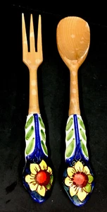 Talavera 11” Salad Fork and Spoon ceramic Handle wooden bottom - Picture 1 of 5