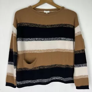 Garnet Hill Small Rollneck Cashmere Sweater w Pocket Camel Black White Stripe - Picture 1 of 6