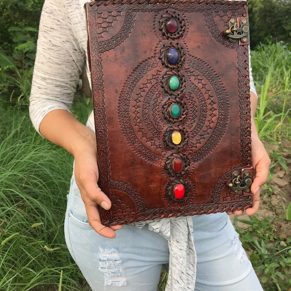 Large Seven Stone Handbound Leather Journal Spell Book Of Shadow Leather Grimoir - Image 1 of 4