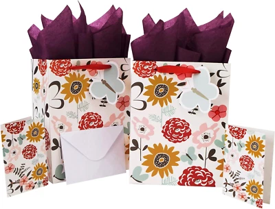 Pacote com 2 sacolas de presente médias de 10,6 pol. conjunto com cartão e papel tissue (flores a - Imagem 1 de 4