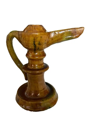 Ancienne lampe à huile en terre cuite vernissée art populaire artisanat - Photo 1/4