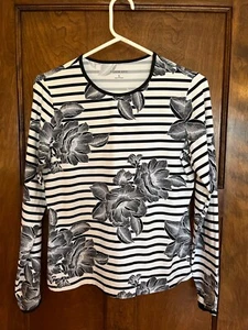 Lands' End Women's S 6-8 Floral & Stripe Print Rashguard Swim Crew Neck Top - Picture 1 of 5