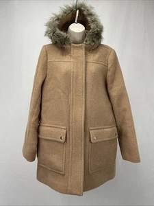 Women's 12 J.Crew Chateau Parka Wool Coat Camel Tan Beige Faux Fur Collar Hood - Picture 1 of 23
