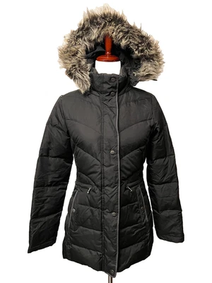 Abrigo acolchado de plumón negro con capucha de piel sintética para mujer LARRY LEVINE XS cálido invierno Foto 1 de 4