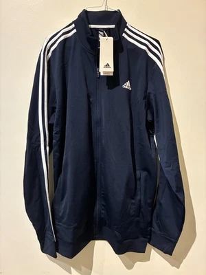 NUEVO CON ETIQUETAS Adidas Calentamiento 3 Rayas Pista Cremallera Chaqueta Azul Marino/Blanco - Para hombres Grande Alto LT Foto 1 de 4