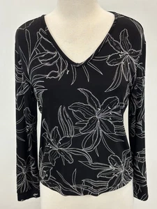 Chicos Travelers Slinky Shirt Sz 1 US Medium Black Floral Print - Picture 1 of 7