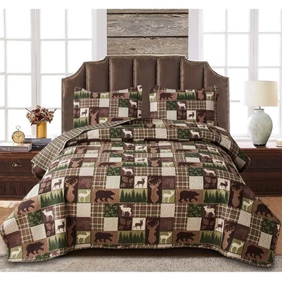 Juego de edredón reversible de cama a cuadros con decoración de cabina de oso alce queen Foto 1 de 4