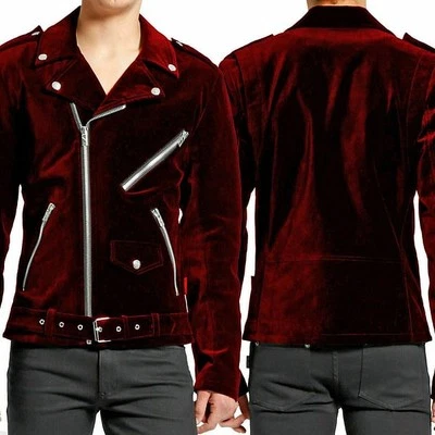 Gothic Motor Bike Red Velvet Motorcycle Jacket Punk Fetish EMO Biker Jacket - Image 1 of 4