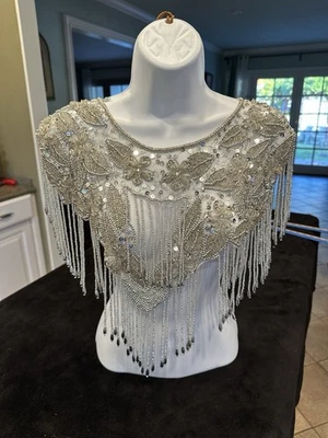 Beaded Shawl Sequin Evening Cape Gatsby Ivory Bridal Or Shoulder Cover - Image 1 of 4