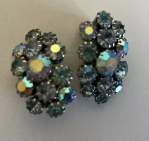 Vintage 1960's Sparkly Iridescent Blue Rhinestones Silver Tone Clip Earrings - Picture 1 of 6