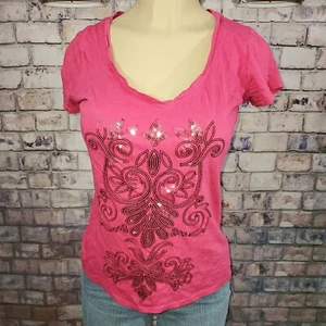 Camiseta gráfica para mujer Top rosa lentejuelas cuello en V Blusa NY & Co Talla XS - Imagen 1 de 8