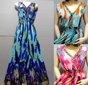 Vacation Summer Maxi Dress Sundress Sun Evening Hawaiian Beach Boho Long M L - Picture 1 of 8
