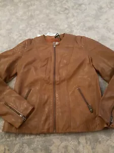 Naf Naf Ladies Tan Leather Zip Up Jacket. Size 10. BNWT - Picture 1 of 8