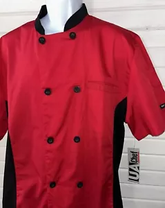 NWT UA Uniforms Sz MEDIUM Men’s Chefs Jacket Coat Shirt 2-Pocket Red Black - Picture 1 of 11