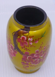 VINTAGE JAPANESE WOOD & HAND PAINTED ENAMEL ART VASE, CHERRY BLOSSOMS - Picture 1 of 5