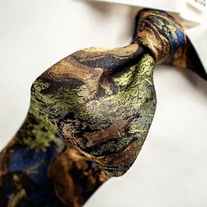 MOSCHINO Yellow Gold Green Brown Novlaty Silk Necktie 60"L x 3.5"W - Picture 1 of 15