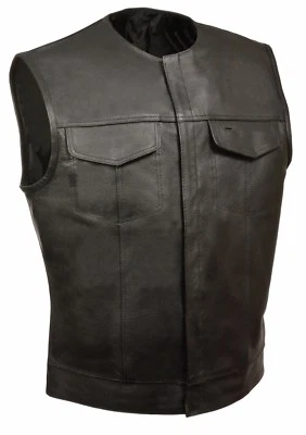 Milwaukee Leather LKM3721 Men's SOA Leather Vest Collarless Club Style Biker - Image 1 of 2