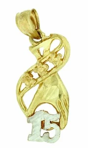 Sweet 15 Anos year Multi Tone Real 14K Gold Hand 2.35 Gr Pendant Charm 28 mm - Picture 1 of 2