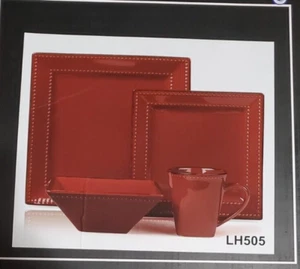 16 Piece Square Beaded Stoneware Dinnerware By Lorren Home Trends, Red LH505 - Picture 1 of 2