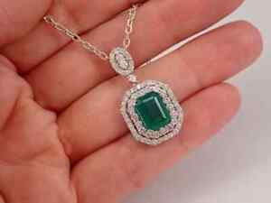 1.90Ct Emerald Cut Lab Created Emerald Double Halo Pendant 14K White Gold Plated