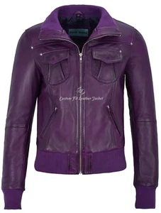 Ladies Real  Leather Jacket Purple WASHED Biker Motorcycle Style "FUSION" 3758 - Picture 1 of 8
