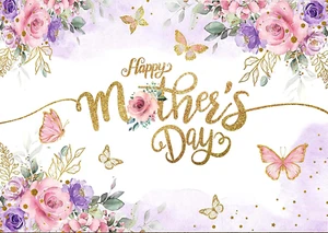 7X5Ft Happy Mother'S Day Backdrop Floral Golden Dots Mothers Day Birthday Photog - Picture 1 of 5