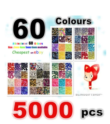 60 COLOURS PACK x 5000 RESIN FLAT BACK RHINESTONES DIAMANTE CRAFT GEMS 3/4/5/6MM
