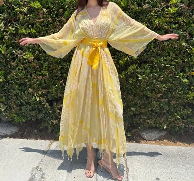 Vestido Vintage ZANDRA RHODES Icónico Seda Gasa 6 Amarillo Pintado a Mano Años 70 Midi Foto 1 de 4